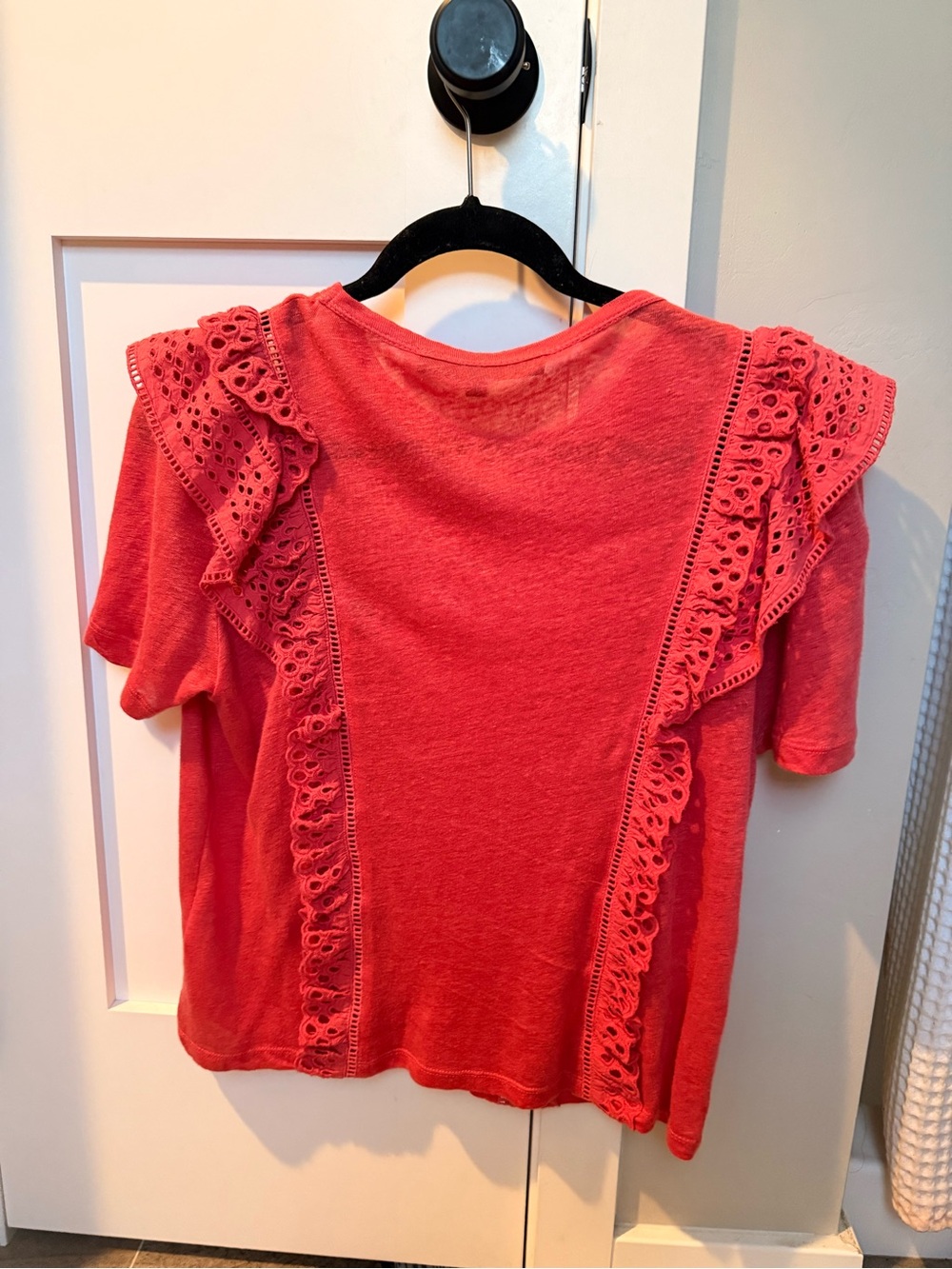 Veronica Beard Coral Eyelet Ruffle Short Sleeve Tee